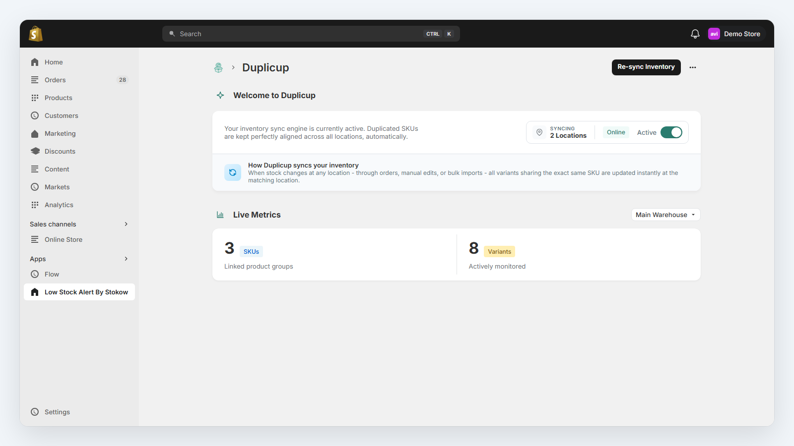Duplicup live inventory sync dashboard for Shopify stores