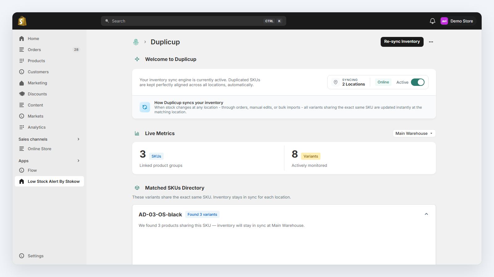 Duplicup matched SKUs directory showing linked variants and stock quantities in Shopify Admin