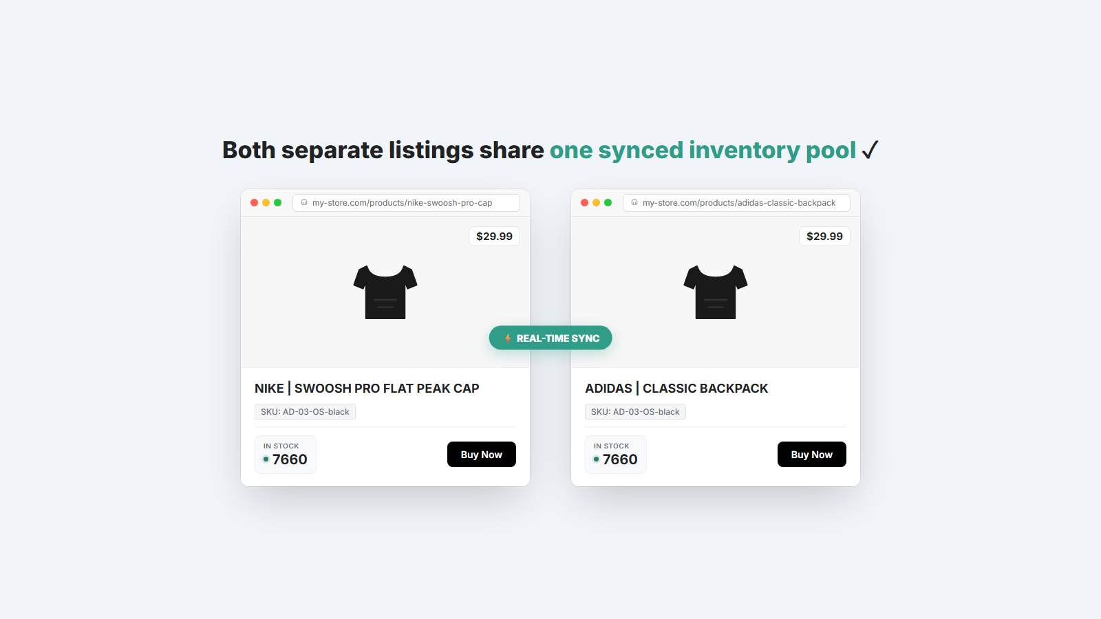 Shopify duplicate product listings sharing a real-time synchronized inventory pool with Duplicup